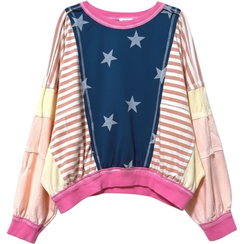 BIBI‎ Patchwork Pullover Sweatshirt Blue Pink Stars Stripes Boho Womens Large